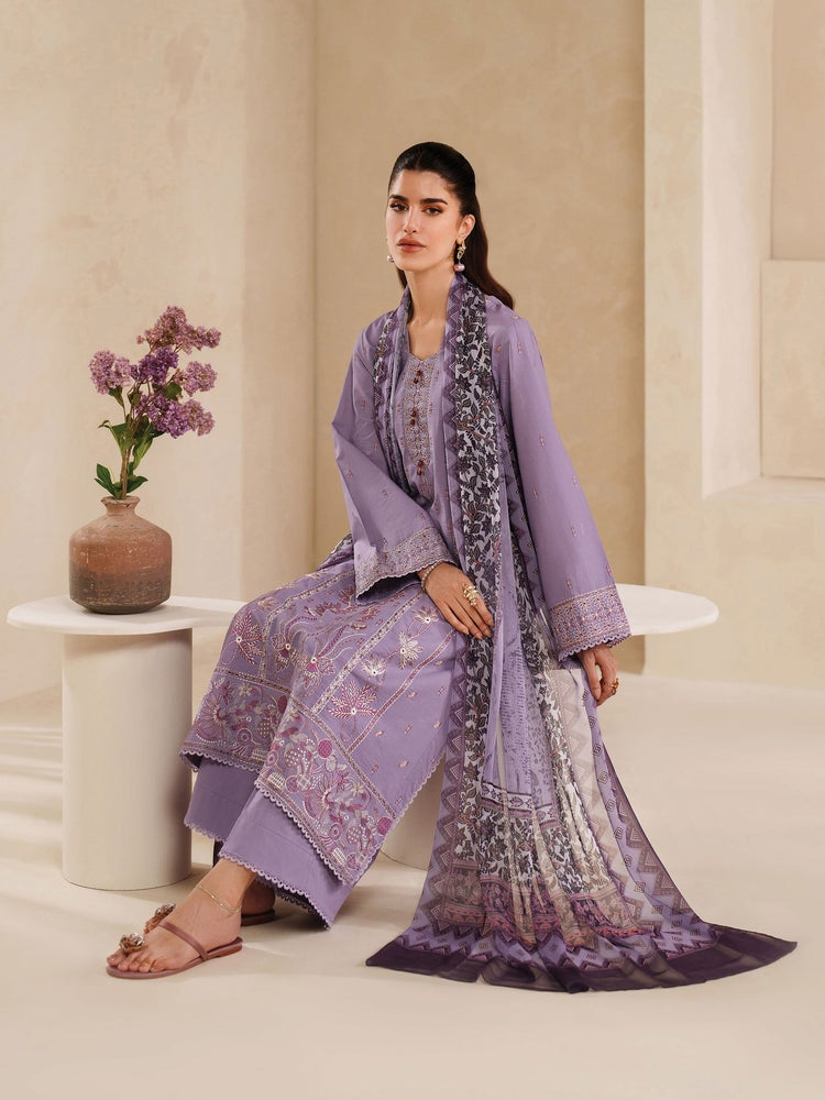 GARNET-3PC DHANAK EMBROIDERED SHIRT WITH COURTRAI PRINTED SHAWL AND TROUSER-BIC-4295