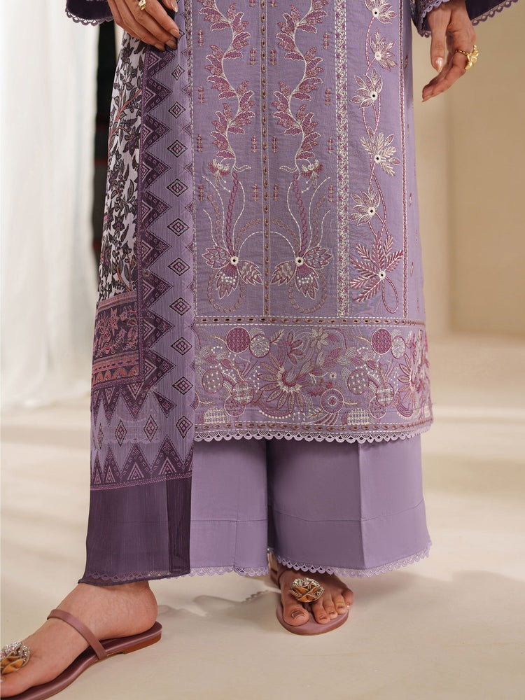 GARNET-3PC DHANAK EMBROIDERED SHIRT WITH COURTRAI PRINTED SHAWL AND TROUSER-BIC-4295
