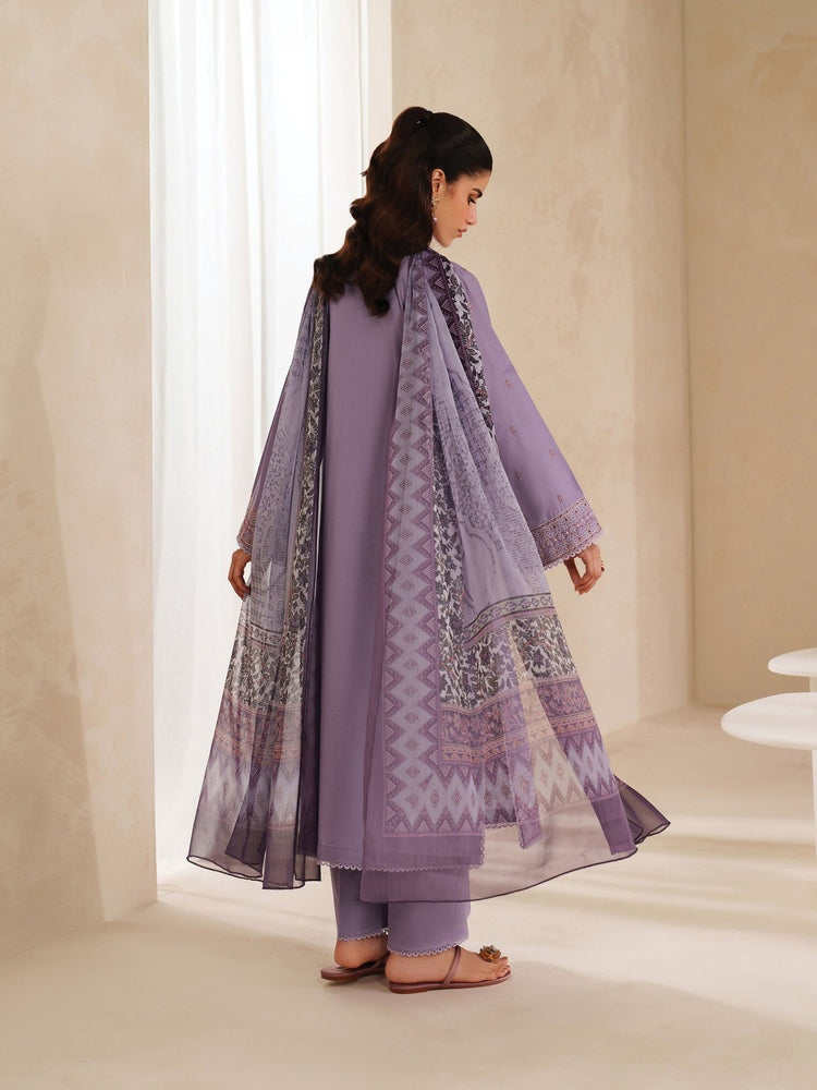 GARNET-3PC DHANAK EMBROIDERED SHIRT WITH COURTRAI PRINTED SHAWL AND TROUSER-BIC-4295