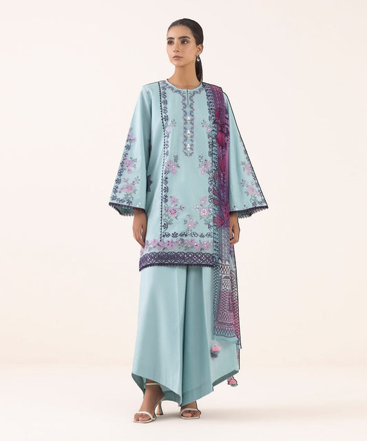 SAPPHIRE-3PC DHANAK EMBROIDERED SHIRT WITH COURTRAI PRINTED SHAWL AND TROUSER-BIC-4294