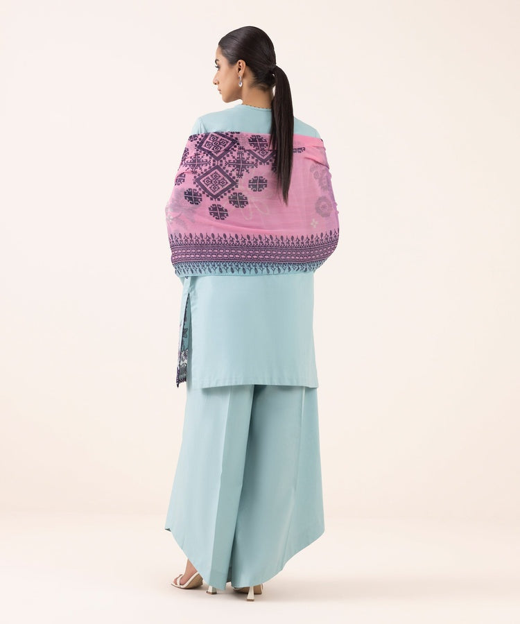 SAPPHIRE-3PC DHANAK EMBROIDERED SHIRT WITH COURTRAI PRINTED SHAWL AND TROUSER-BIC-4294