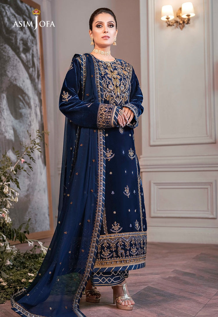 ASIM JOFA-3PC VELVET EMBROIDERED SHIRT WITH CHIFFON EMBROIDERED DUPATTA & TROUSER-BIC-4311