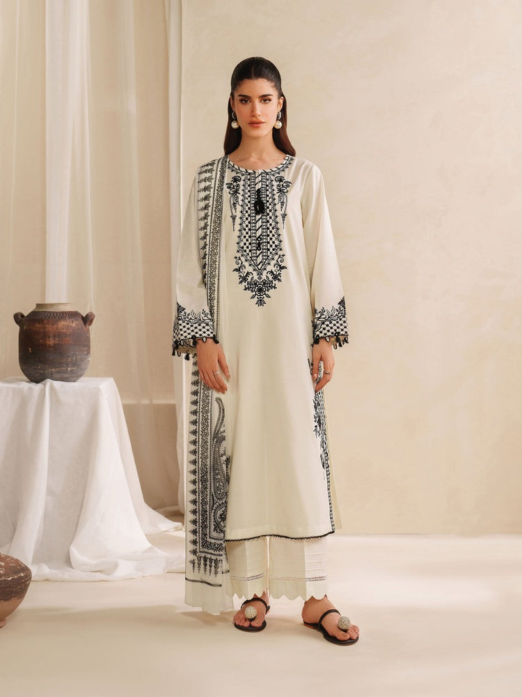 GARNET-3PC KHADDAR EMBROIDERED SHIRT WITH COURTRAI PRINTED SHAWL AND TROUSER-BIC-4307