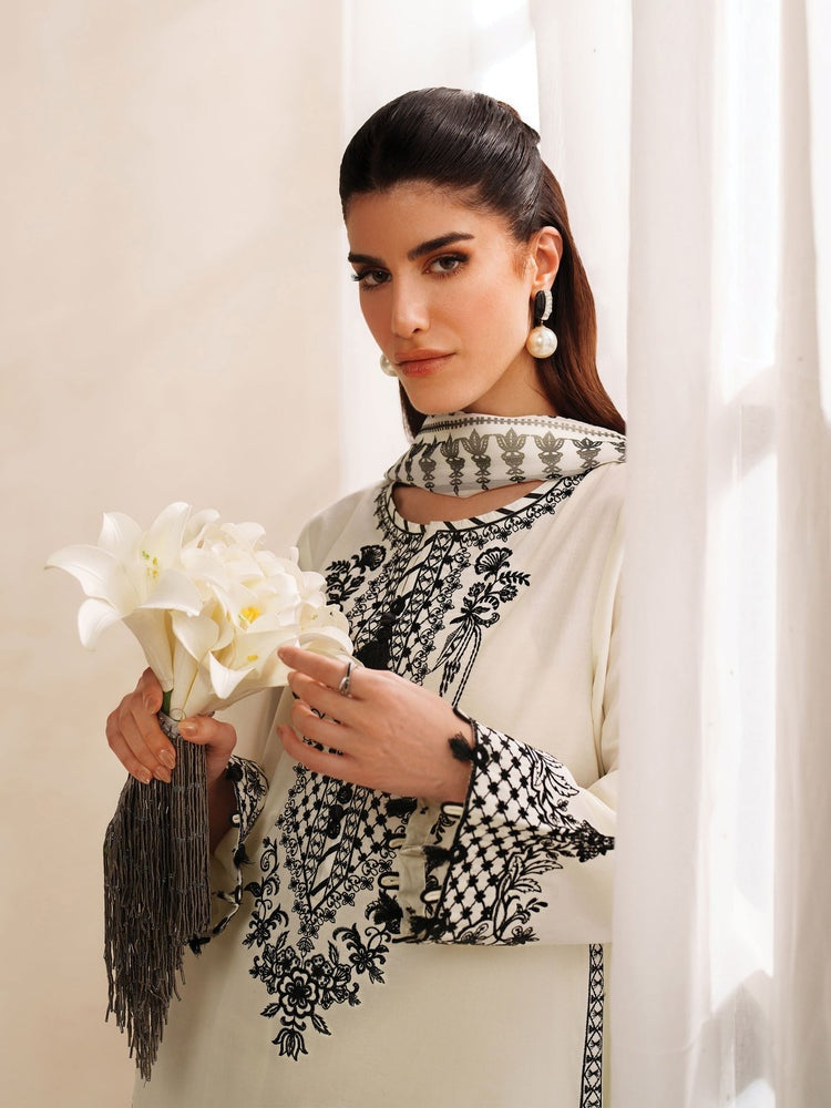 GARNET-3PC KHADDAR EMBROIDERED SHIRT WITH COURTRAI PRINTED SHAWL AND TROUSER-BIC-4307