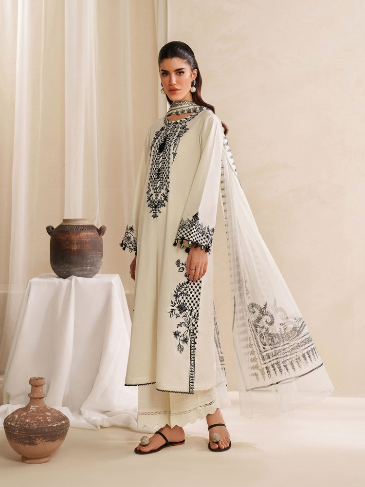 GARNET-3PC KHADDAR EMBROIDERED SHIRT WITH COURTRAI PRINTED SHAWL AND TROUSER-BIC-4307