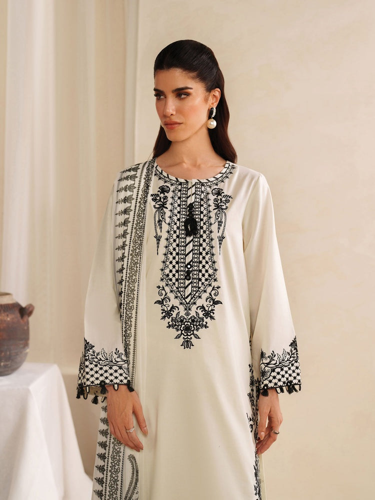 GARNET-3PC KHADDAR EMBROIDERED SHIRT WITH COURTRAI PRINTED SHAWL AND TROUSER-BIC-4307