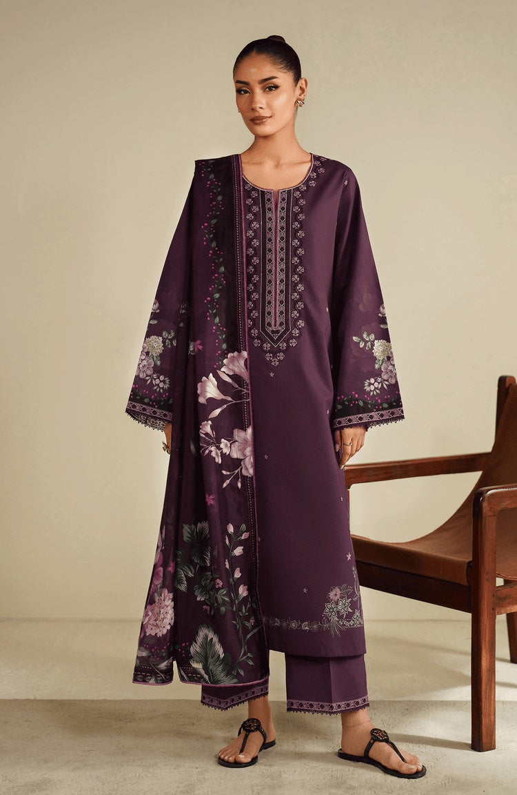 SERAN-3PC DHANAK EMBROIDERED SHIRT WITH COURTRAI PRINTED SHAWL & TROUSER-BIC-4317