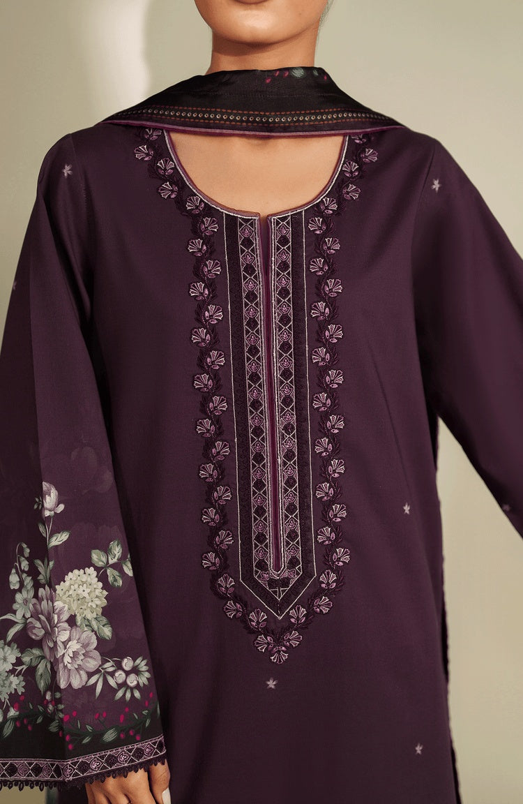 SERAN-3PC DHANAK EMBROIDERED SHIRT WITH COURTRAI PRINTED SHAWL & TROUSER-BIC-4317