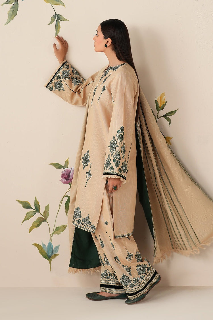 BAROUQE-3PC DHANAK EMBROIDERED SHIRT WITH DHANAK EMBROIDERED SHAWL AND TROUSER -BIC