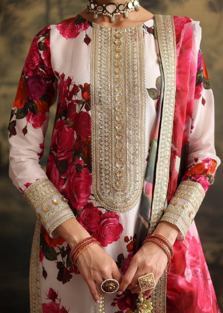 ZAINAB CHOTANI-3PC SHAMOZE SILK PRINTED EMBROIDERED SHIRT WITH SOFT SILK PRINTED EMB DUPATTA & EMB TROUSER BIC-1722