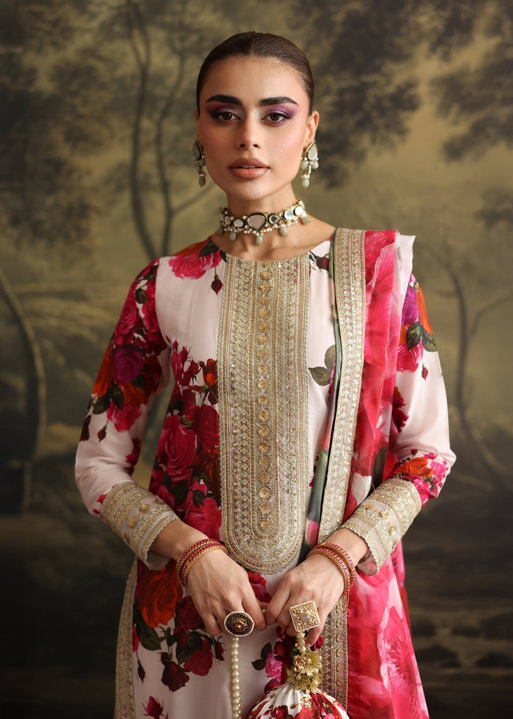 ZAINAB CHOTANI-3PC SHAMOZE SILK PRINTED EMBROIDERED SHIRT WITH SOFT SILK PRINTED EMB DUPATTA & EMB TROUSER BIC-1722