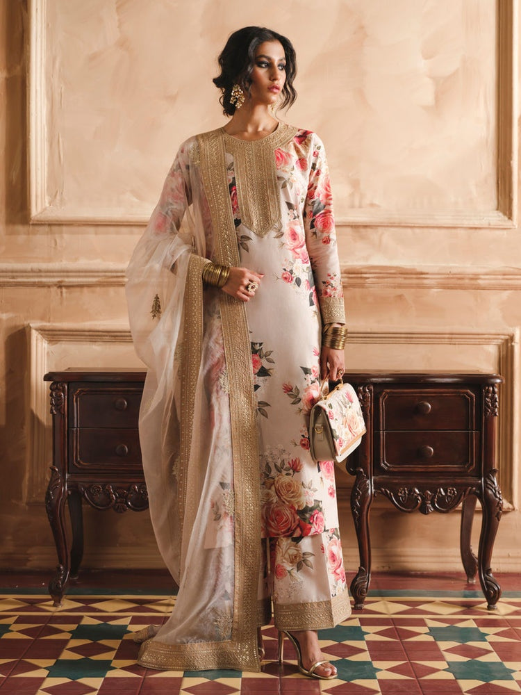 ZAINAB CHOTANI-3PC SHAMOZE SILK PRINTED EMBROIDERED SHIRT WITH SOFT SILK PRINTED EMB DUPATTA & EMB TROUSER BIC-1721