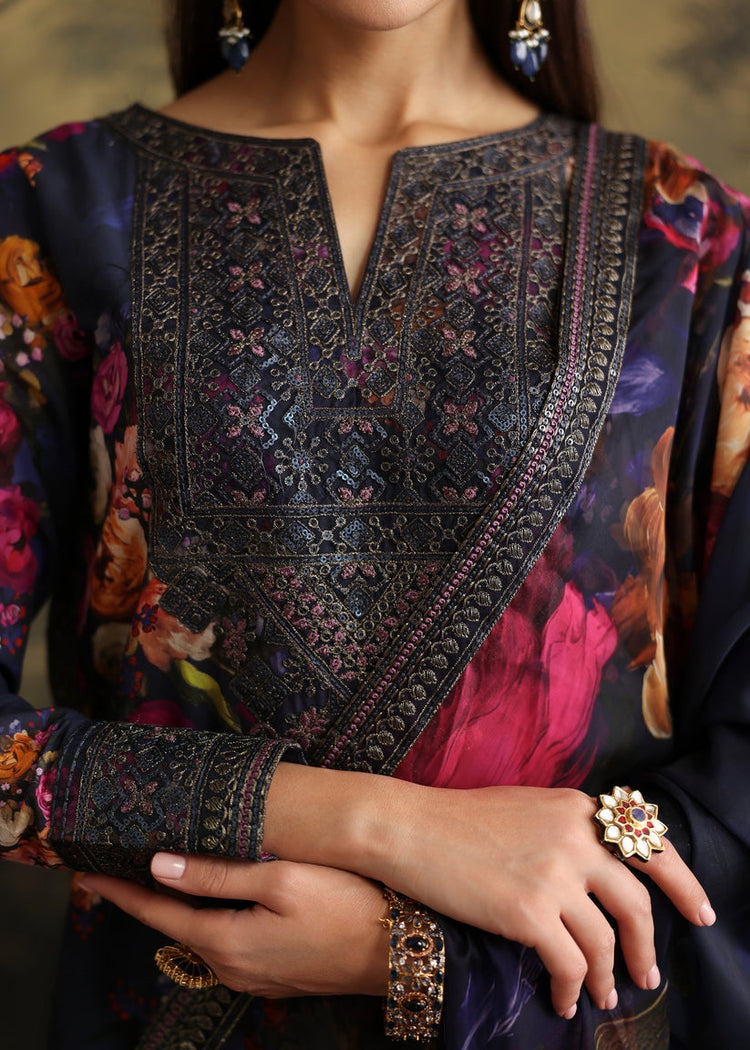 ZAINAB CHOTANI-3PC SHAMOZE SILK PRINTED EMBROIDERED SHIRT WITH SOFT SILK PRINTED EMB DUPATTA & EMB TROUSER BIC-1725