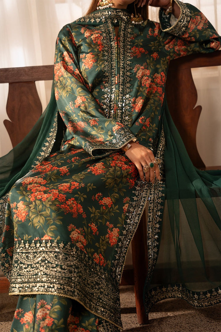 ZAINAB CHOTANI-3PC SHAMOZE SILK PRINTED EMBROIDERED SHIRT WITH SOFT SILK PRINTED EMB DUPATTA & EMB TROUSER BIC-