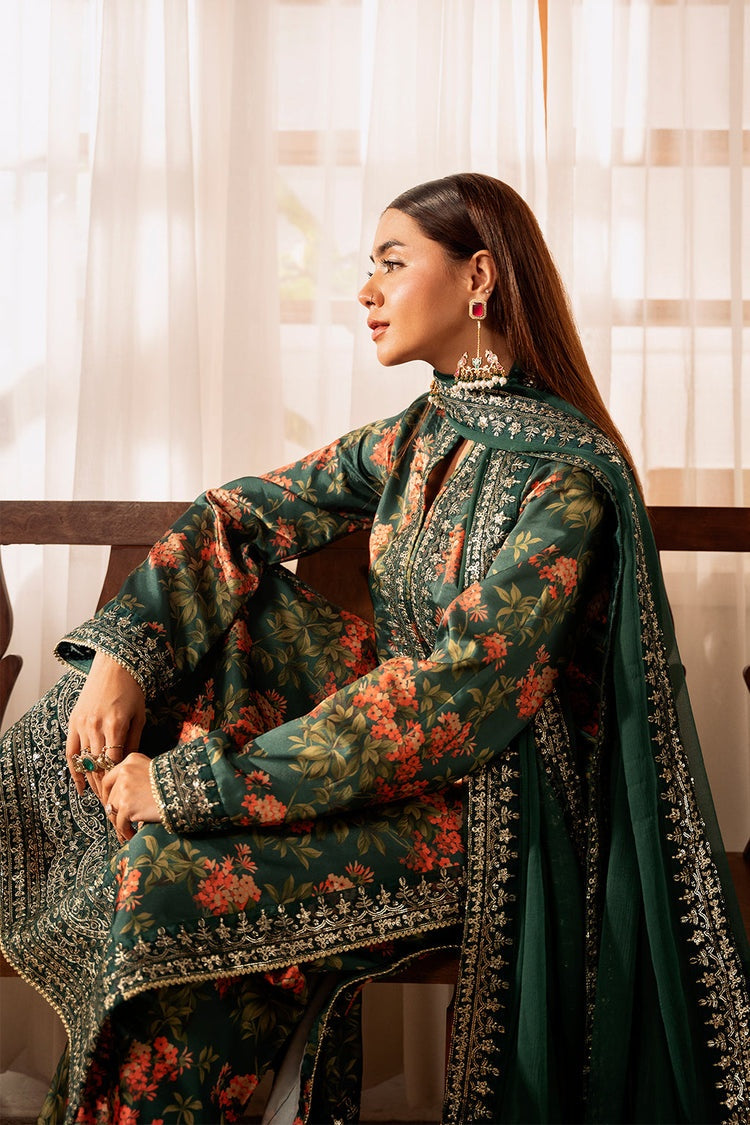 ZAINAB CHOTANI-3PC SHAMOZE SILK PRINTED EMBROIDERED SHIRT WITH SOFT SILK PRINTED EMB DUPATTA & EMB TROUSER BIC-
