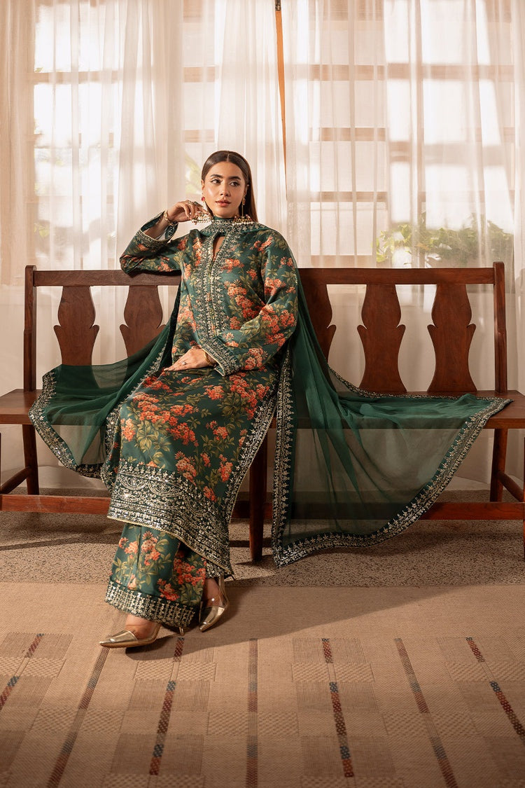 ZAINAB CHOTANI-3PC SHAMOZE SILK PRINTED EMBROIDERED SHIRT WITH SOFT SILK PRINTED EMB DUPATTA & EMB TROUSER BIC-