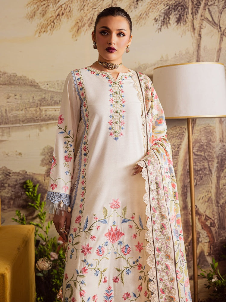 MAHNUR-3PC DHANAK EMBROIDERED SHIRT WITH COURTRAI PRINTED SHAWL & TROUSER-BIC-4329