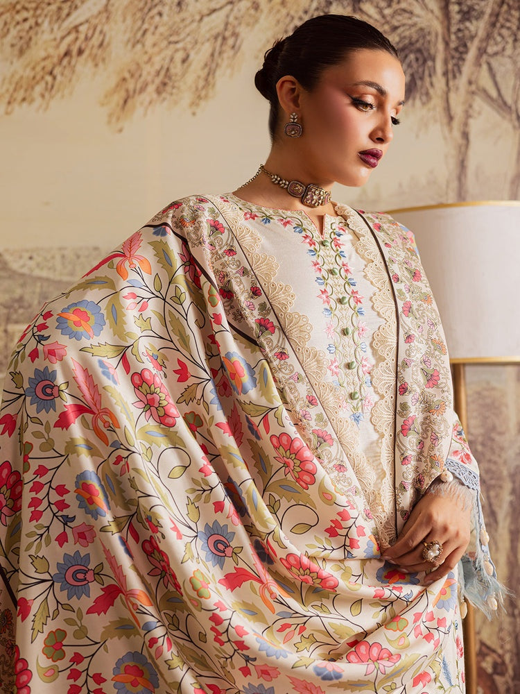 MAHNUR-3PC DHANAK EMBROIDERED SHIRT WITH COURTRAI PRINTED SHAWL & TROUSER-BIC-4329