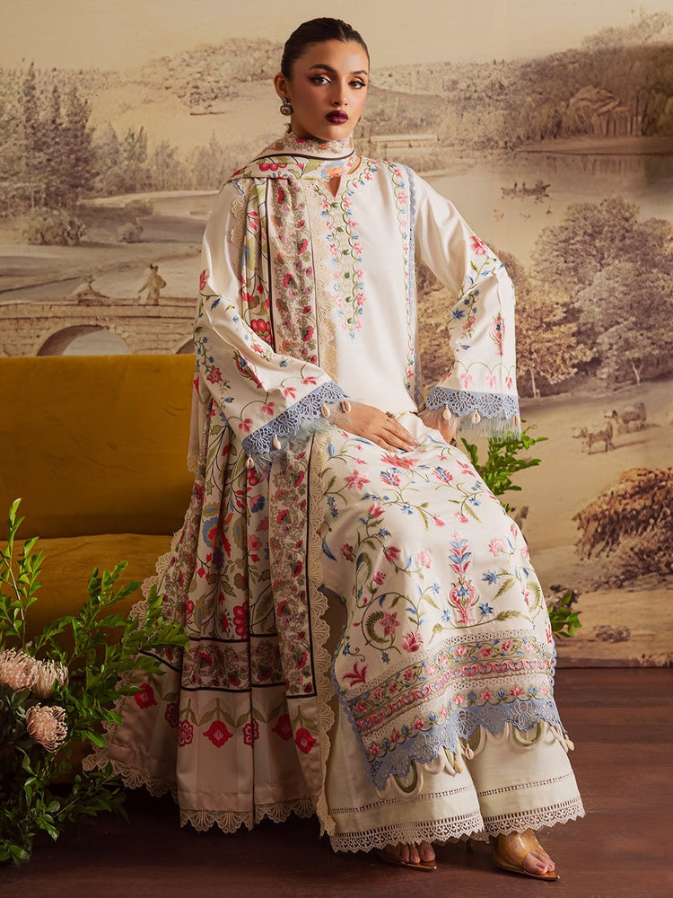 MAHNUR-3PC DHANAK EMBROIDERED SHIRT WITH COURTRAI PRINTED SHAWL & TROUSER-BIC-4329