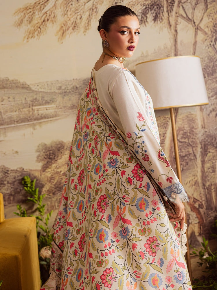 MAHNUR-3PC DHANAK EMBROIDERED SHIRT WITH COURTRAI PRINTED SHAWL & TROUSER-BIC-4329
