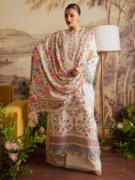 MAHNUR-3PC DHANAK EMBROIDERED SHIRT WITH COURTRAI PRINTED SHAWL & TROUSER-BIC-4329