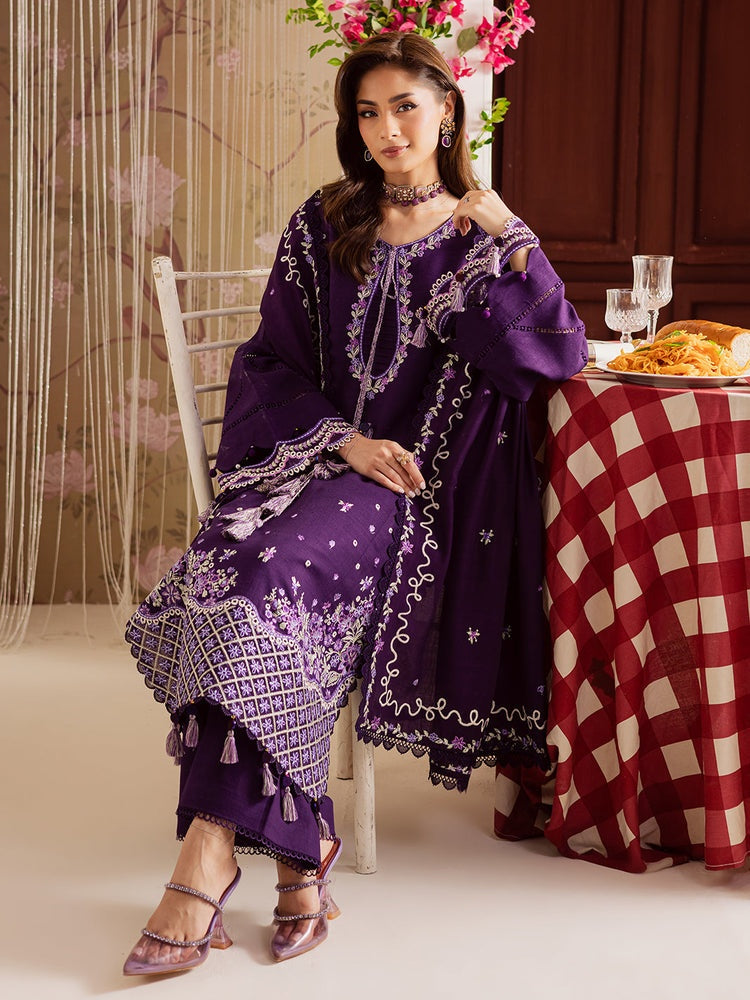 MAHNUR-3PC DHANAK EMBROIDERED SHIRT WITH DHANAK EMBROIDERED SHAWL & TROUSER-BIC-4328