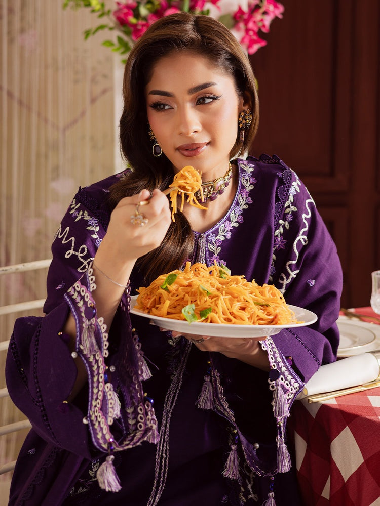 MAHNUR-3PC DHANAK EMBROIDERED SHIRT WITH DHANAK EMBROIDERED SHAWL & TROUSER-BIC-4328