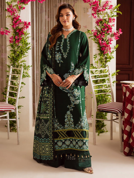 MAHNUR-3PC DHANAK EMBROIDERED SHIRT WITH COURTRAI PRINTED SHAWL & TROUSER-BIC-4327