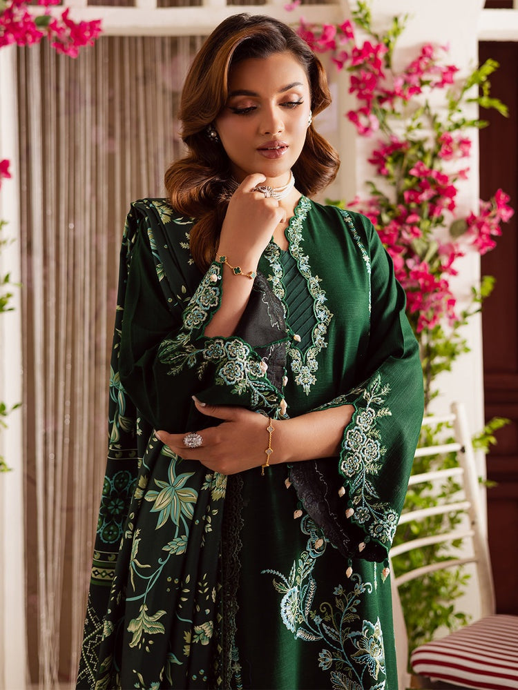 MAHNUR-3PC DHANAK EMBROIDERED SHIRT WITH COURTRAI PRINTED SHAWL & TROUSER-BIC-4327