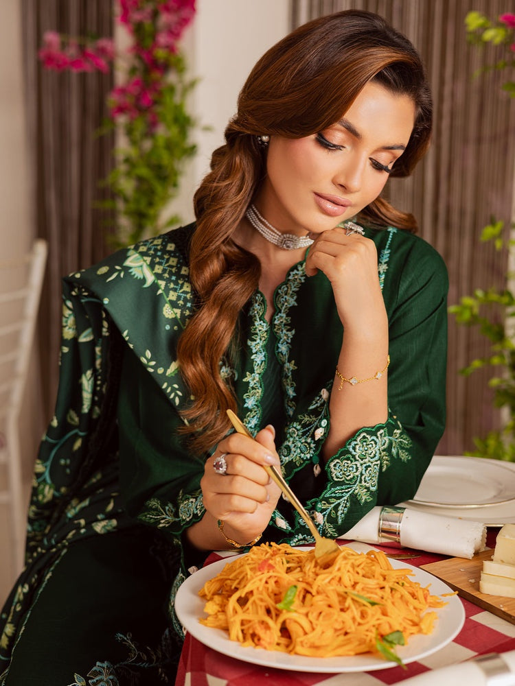 MAHNUR-3PC DHANAK EMBROIDERED SHIRT WITH COURTRAI PRINTED SHAWL & TROUSER-BIC-4327