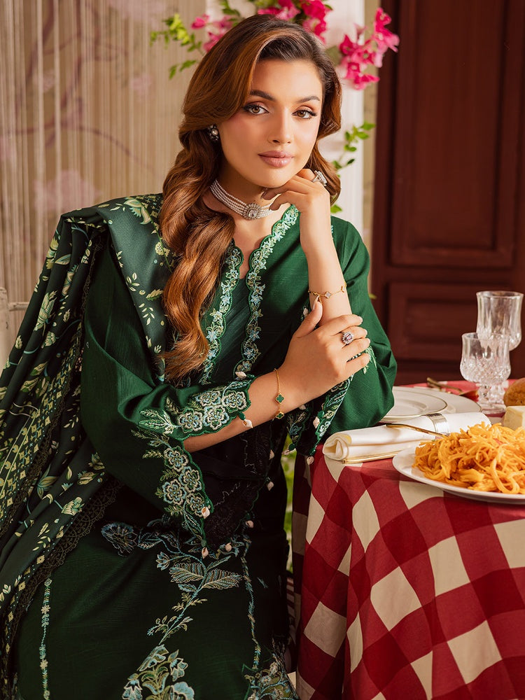 MAHNUR-3PC DHANAK EMBROIDERED SHIRT WITH COURTRAI PRINTED SHAWL & TROUSER-BIC-4327