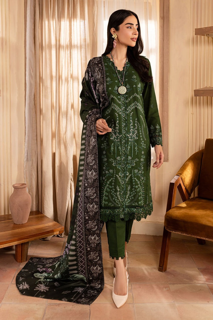 NUREH-3PC DHANAK EMBROIDERED SHIRT WITH COURTRAI PRINTED SHAWL & TROUSER-BIC-4324