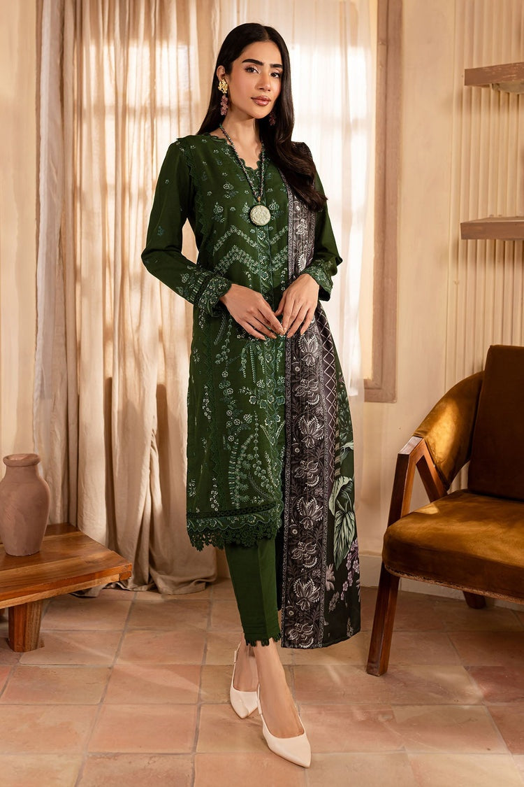 NUREH-3PC DHANAK EMBROIDERED SHIRT WITH COURTRAI PRINTED SHAWL & TROUSER-BIC-4324