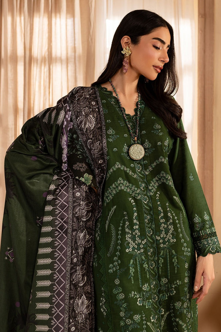 NUREH-3PC DHANAK EMBROIDERED SHIRT WITH COURTRAI PRINTED SHAWL & TROUSER-BIC-4324