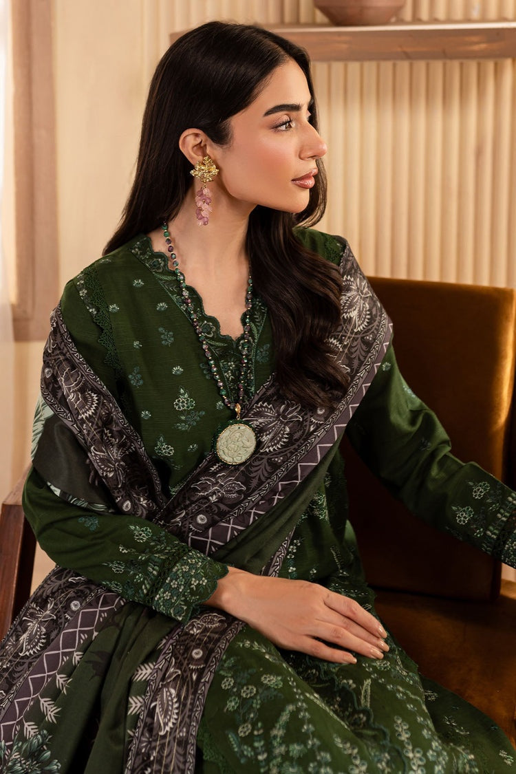 NUREH-3PC DHANAK EMBROIDERED SHIRT WITH COURTRAI PRINTED SHAWL & TROUSER-BIC-4324