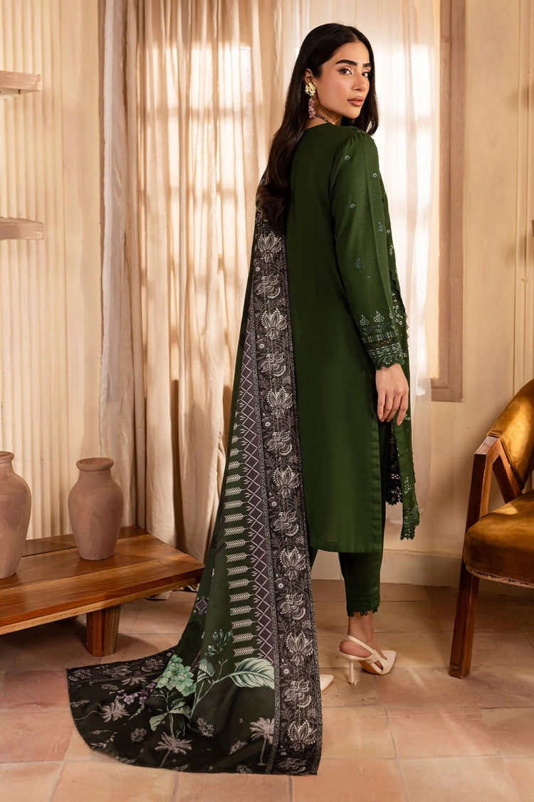 NUREH-3PC DHANAK EMBROIDERED SHIRT WITH COURTRAI PRINTED SHAWL & TROUSER-BIC-4324