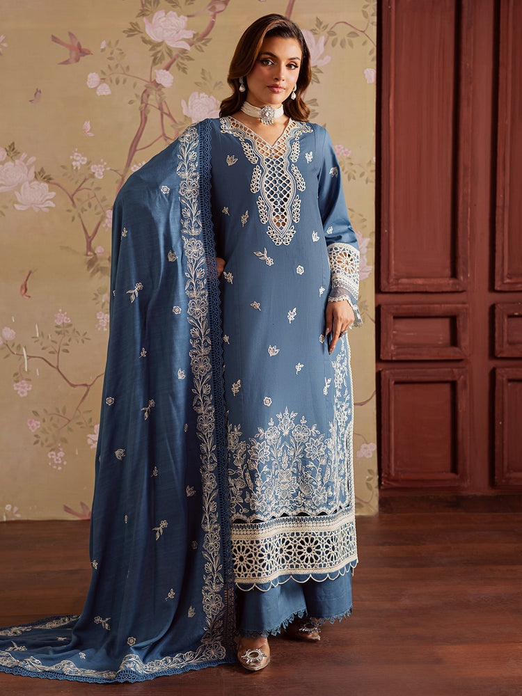MAHNUR-3PC DHANAK EMBROIDERED SHIRT WITH DHANAK EMBROIDERED SHAWL & TROUSER-BIC-4323