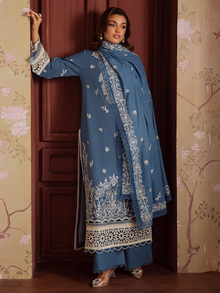 MAHNUR-3PC DHANAK EMBROIDERED SHIRT WITH DHANAK EMBROIDERED SHAWL & TROUSER-BIC-4323