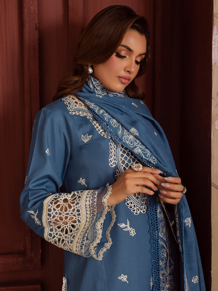 MAHNUR-3PC DHANAK EMBROIDERED SHIRT WITH DHANAK EMBROIDERED SHAWL & TROUSER-BIC-4323