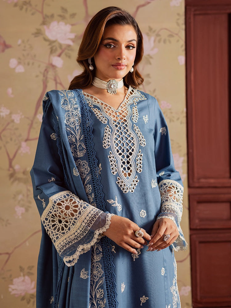 MAHNUR-3PC DHANAK EMBROIDERED SHIRT WITH DHANAK EMBROIDERED SHAWL & TROUSER-BIC-4323