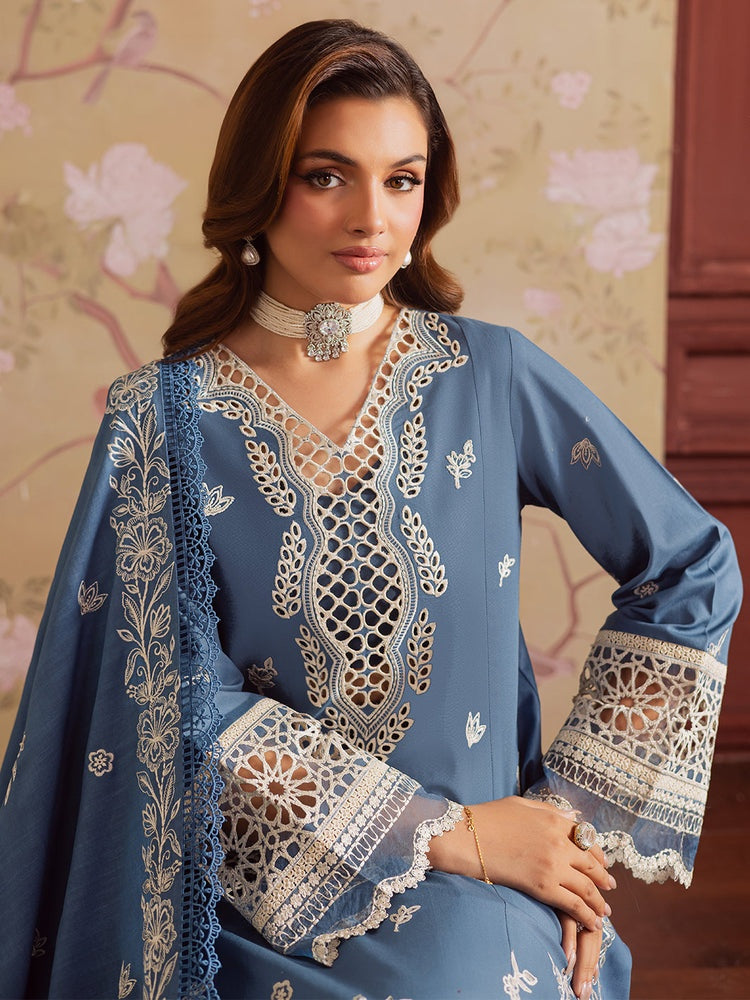 MAHNUR-3PC DHANAK EMBROIDERED SHIRT WITH DHANAK EMBROIDERED SHAWL & TROUSER-BIC-4323