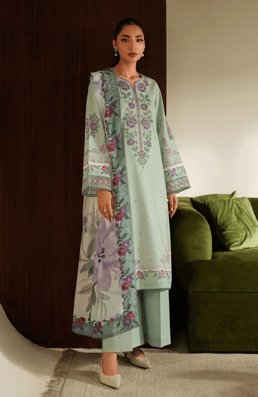 SERAN-3PC DHANAK EMBROIDERED SHIRT WITH COURTRAI PRINTED SHAWL & TROUSER-BIC-4322