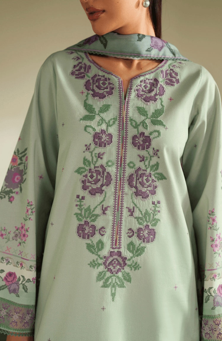 SERAN-3PC DHANAK EMBROIDERED SHIRT WITH COURTRAI PRINTED SHAWL & TROUSER-BIC-4322
