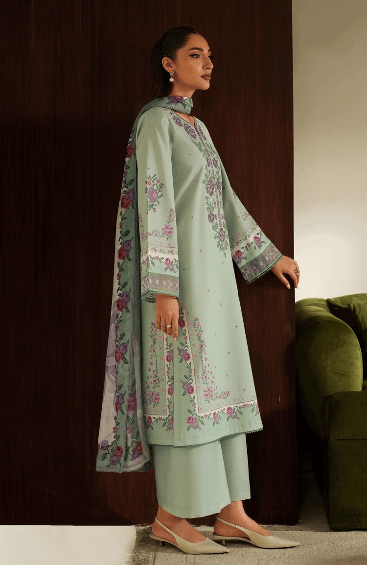 SERAN-3PC DHANAK EMBROIDERED SHIRT WITH COURTRAI PRINTED SHAWL & TROUSER-BIC-4322
