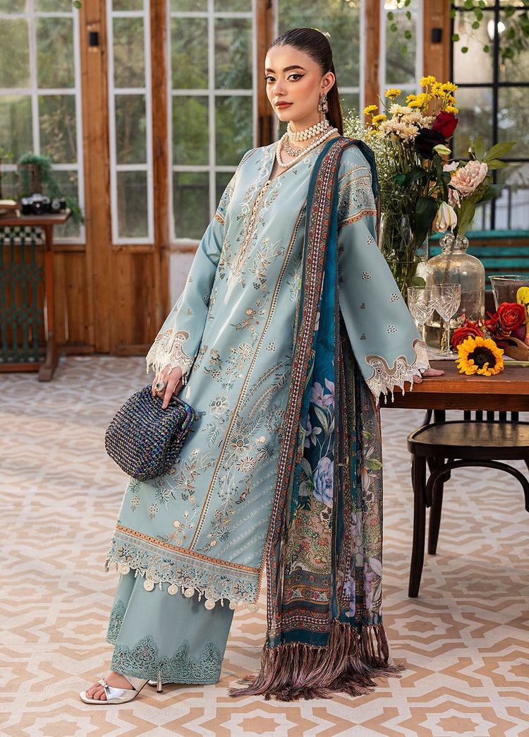 SAPPHIRE-3PC DHANAK EMBROIDERED SHIRT WITH COURTRAI PRINTED SHAWL AND TROUSER-BIC-4267