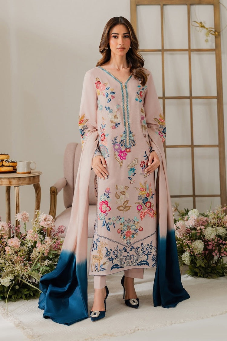 VINTAGE-3PC DHANAK EMBROIDERED SHIRT WITH TYE & DYE CHIFFON DUPATTA AND TROUSER-BIC-4314