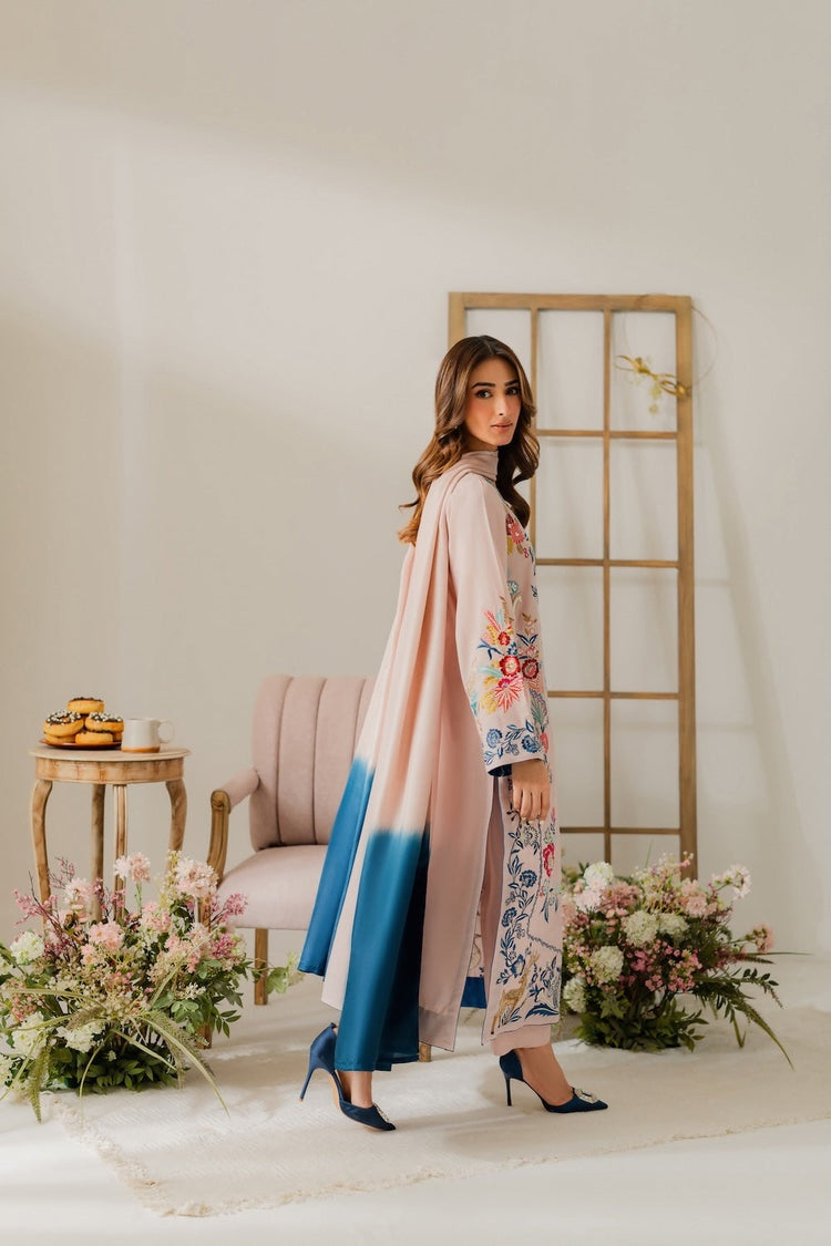 VINTAGE-3PC DHANAK EMBROIDERED SHIRT WITH TYE & DYE CHIFFON DUPATTA AND TROUSER-BIC-4314