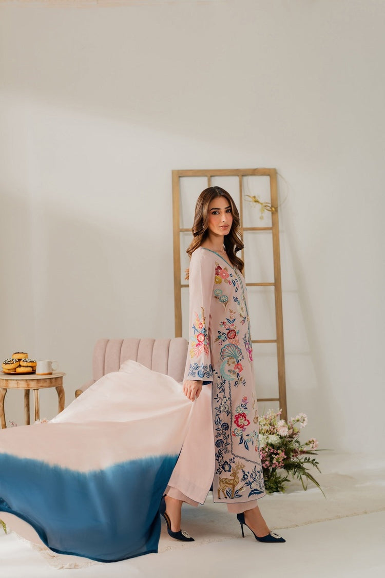 VINTAGE-3PC DHANAK EMBROIDERED SHIRT WITH TYE & DYE CHIFFON DUPATTA AND TROUSER-BIC-4314