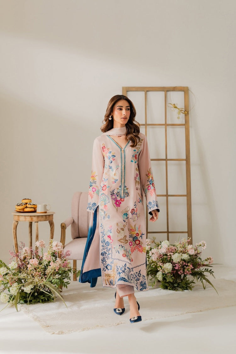 VINTAGE-3PC DHANAK EMBROIDERED SHIRT WITH TYE & DYE CHIFFON DUPATTA AND TROUSER-BIC-4314