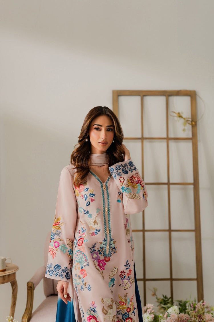 VINTAGE-3PC DHANAK EMBROIDERED SHIRT WITH TYE & DYE CHIFFON DUPATTA AND TROUSER-BIC-4314